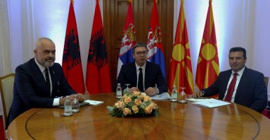 Albania's Prime Minister Edi Rama (L), Serbian President Aleksandar Vucic (C) and North Macedonia's Prime Minister Zoran Zaev during a meeting in Novi Sad, Serbia, Oct. 10, 2019. (AP Photo)