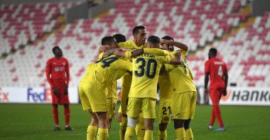 Villareal players celebrate a goal during the UEFA Europa League Group I match against Turkey's Sivasspor, at the 4 Eylül Stadium in Sivas, Turkey, Dec. 3, 2020. (AFP Photo)