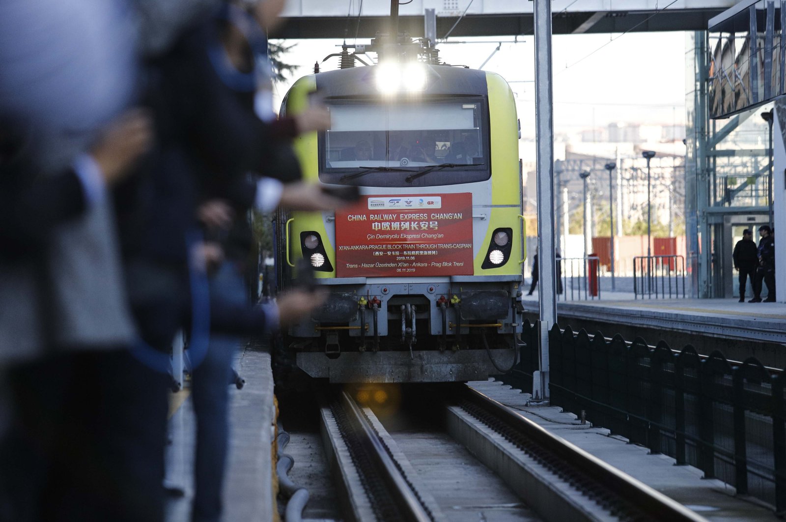 A China Express Railway freight train is sent off to its final destination of Prague, in Ankara, Turkey, Nov. 6, 2019. (DHA Photo) 