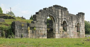 Scaenae frons, the elaborately decorated permanent architectural background of a Roman theater stage, in the ancient city of Prusias ad Hypium in Düzce, northwestern Turkey.