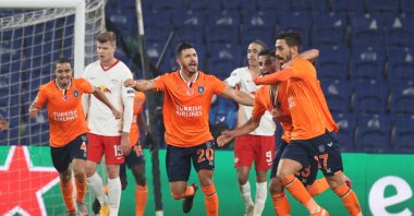 Irfan Can Kahveci (L) celebrates a goal against Leipzig with teammates, in Istanbul, Turkey, Dec. 2, 2020. (AA Photo)