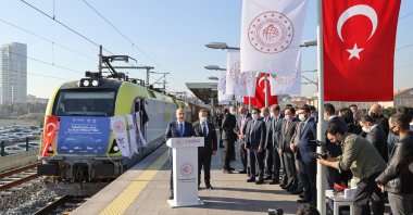 Transport and Infrastructure Minister Adil Karaismailoğlu delivers a speech during a sendoff ceremony for the first train, which will carry goods from Turkey to China, at the Kazlıçeşme station on the European side of Istanbul, Turkey, Dec. 4, 2020. (AA Photo)