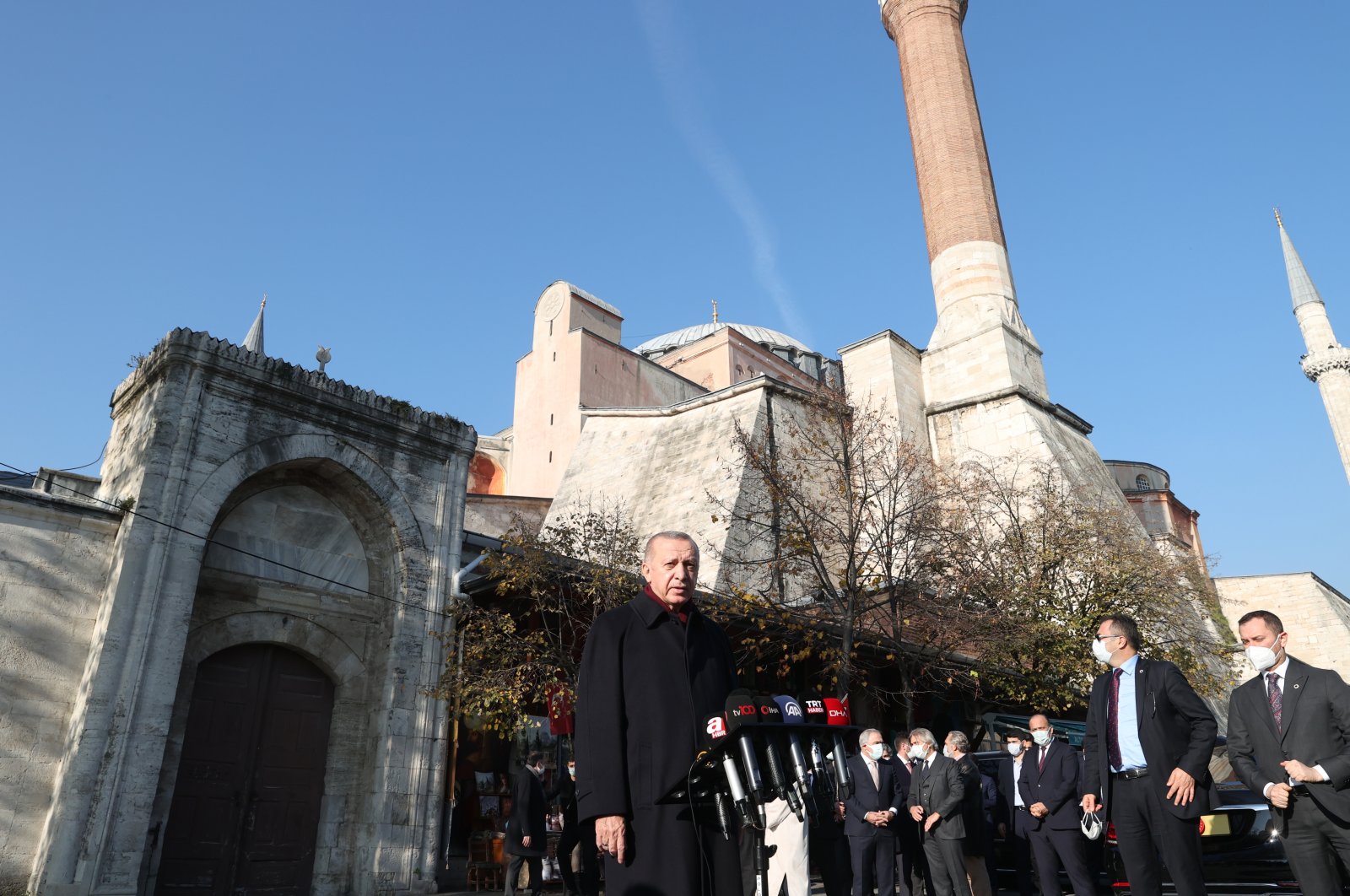 President Recep Tayyip Erdoğan speaks to reporters in front of the Hagia Sophia Grand Mosque following Friday prayers in Istanbul, Turkey, Dec. 4, 2020. (AA Photo)
