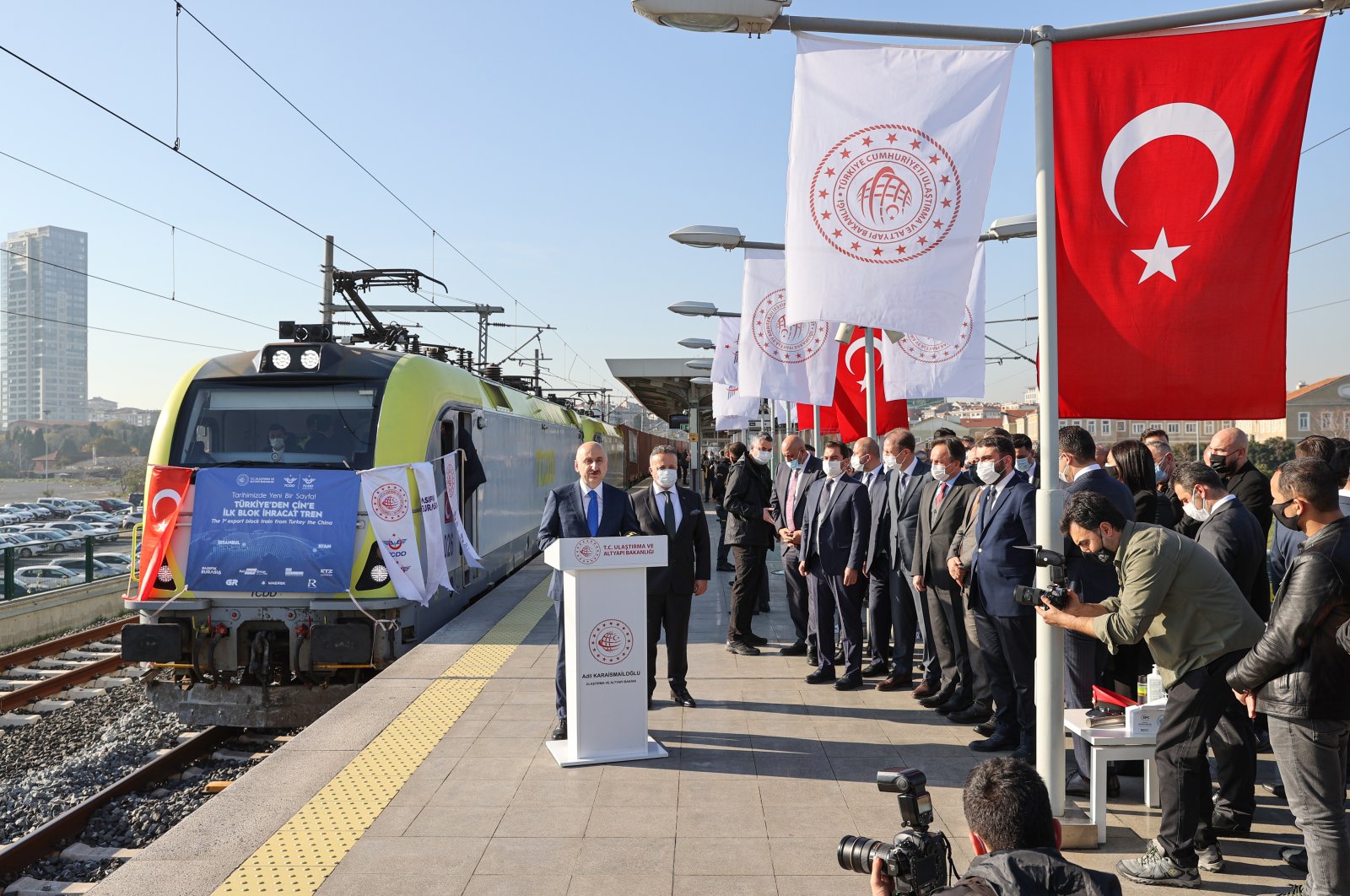 Transport and Infrastructure Minister Adil Karaismailoğlu delivers a speech during a sendoff ceremony for the first train, which will carry goods from Turkey to China, at the Kazlıçeşme station on the European side of Istanbul, Turkey, Dec. 4, 2020. (AA Photo)