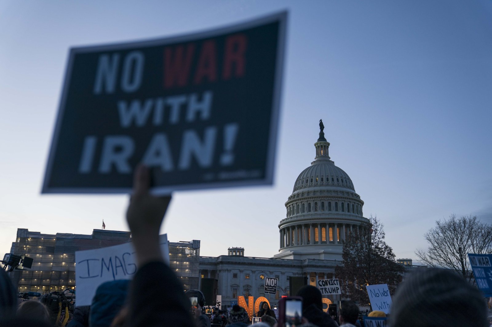 People demonstrate against the U.S. entering a war with Iran, at the U.S. Capitol, Washington, D.C., Jan. 9, 2020. (Photo by Getty Images)