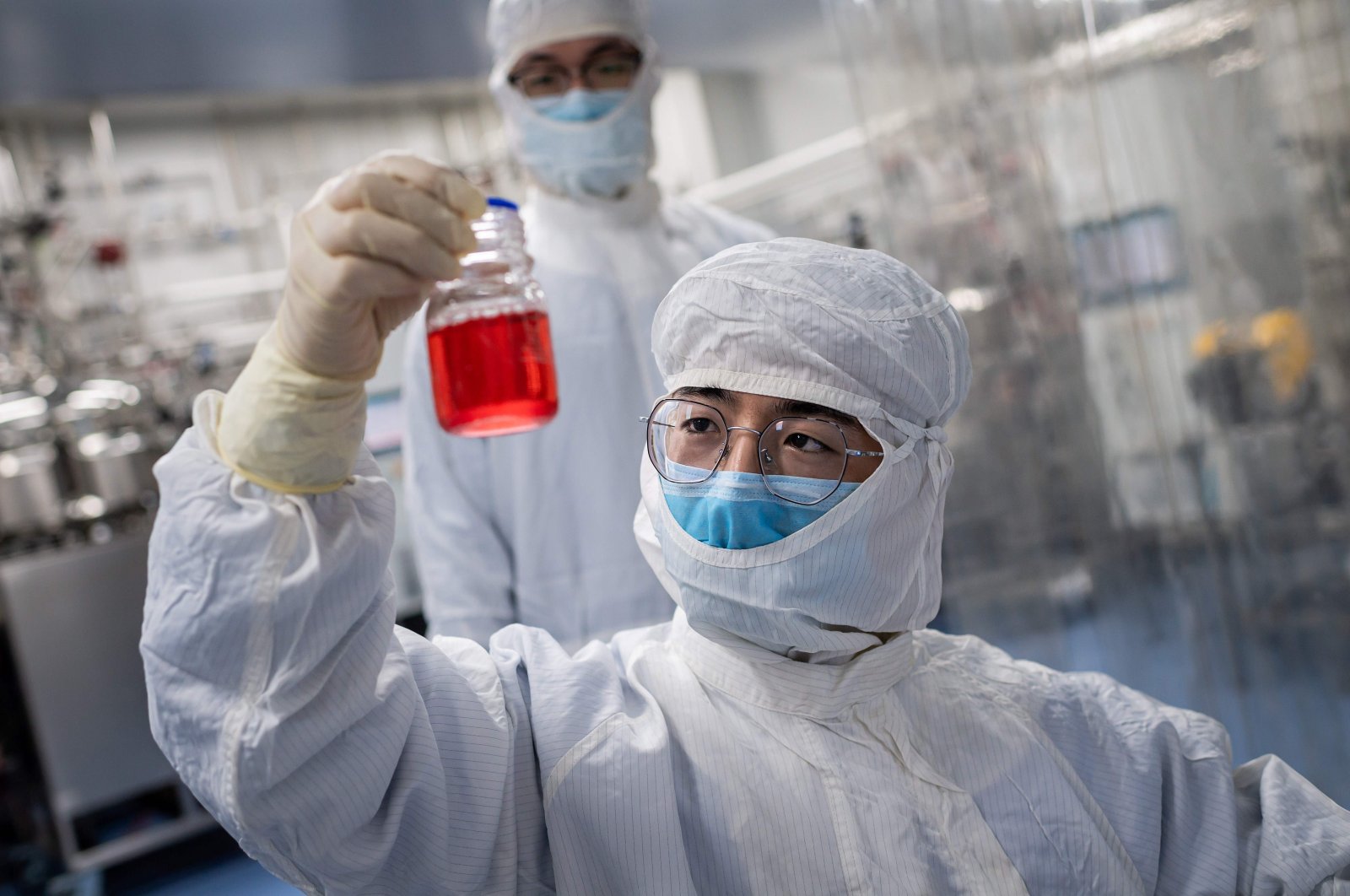 An engineer looks at monkey kidney cells as he tests an experimental vaccine for COVID-19 inside the Cells Culture Room laboratory at the Sinovac Biotech facilities in Beijing, China on April 29, 2020. (AFP Photo)