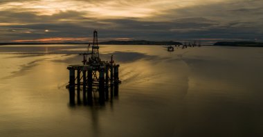 Mobile offshore drilling units stand in the Port of Cromarty Firth in this aerial view in Cromarty, Scotland, June 23, 2020. (Photo by Getty Images)