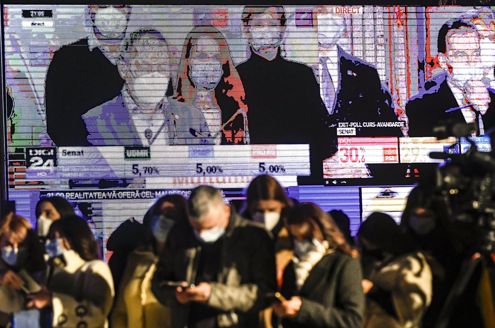 Journalists look at their mobile phones backdropped by large screens showing exit polls in parliamentary elections at the headquarters of the ruling National Liberal Party, in Bucharest, Romania, Dec. 6, 2020. (AP Photo)