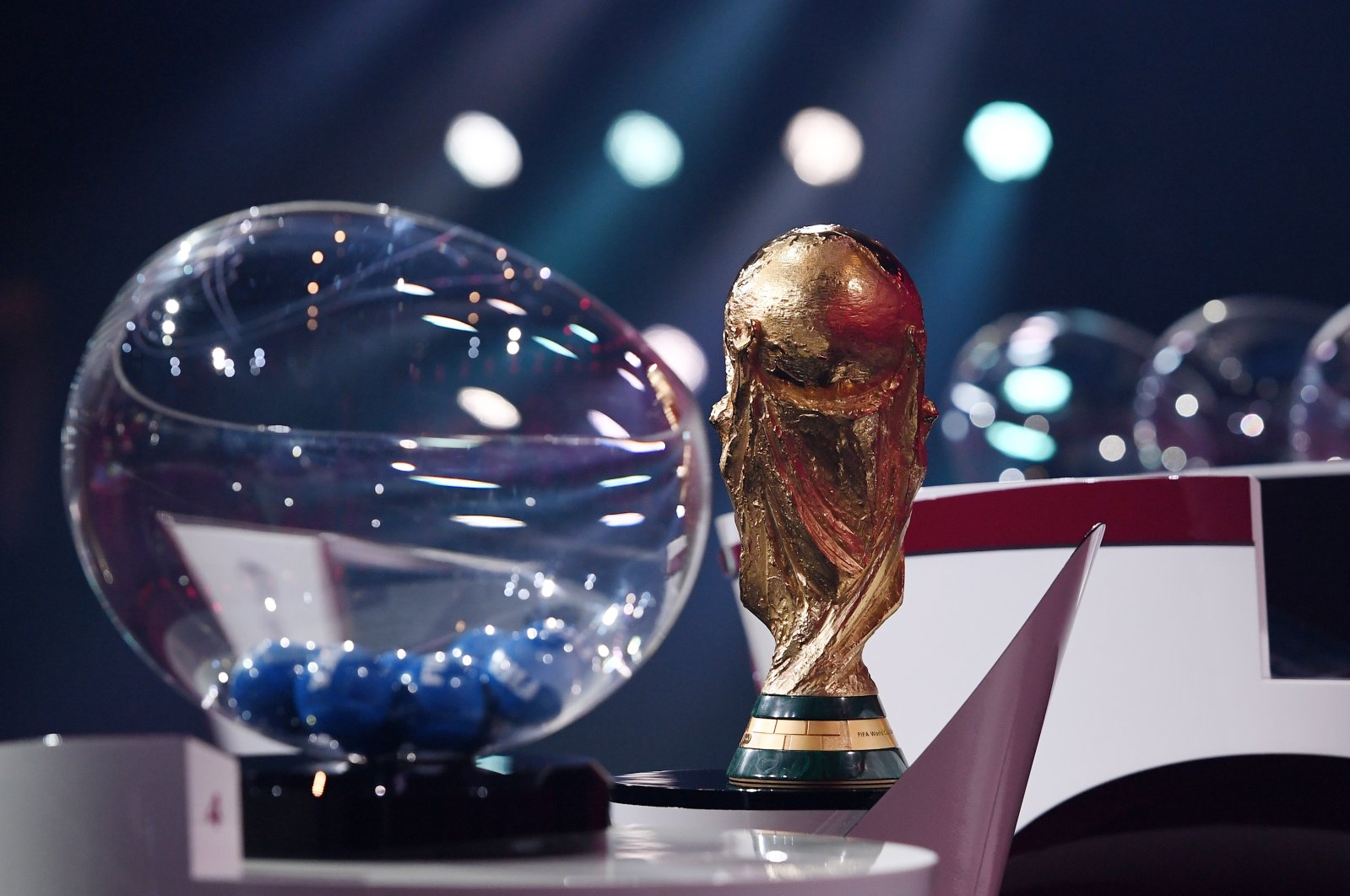 A handout photo made available by FIFA of the World Cup Trophy during the UEFA preliminary draw for the FIFA World Cup 2022 in Zurich, Switzerland, Dec. 7, 2020. (EPA Photo)