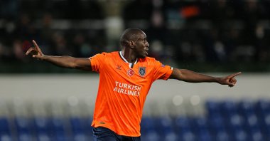 Başakşehir's Demba Ba gestures after a goal against Manchester United, in Istanbul, Turkey, Nov. 4, 2020. (AA PHOTO) 