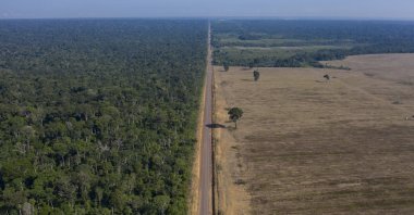 Highway BR-163 stretches between the Tapajos National Forest (L) and a soy field in Belterra, Brazil, Nov. 25, 2019. (AP Photo)