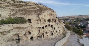 A network of caves, known by locals as an ancient apartment complex, is located in the Gürün district of Sivas province, central Turkey, Dec. 7, 2020. (IHA Photo)