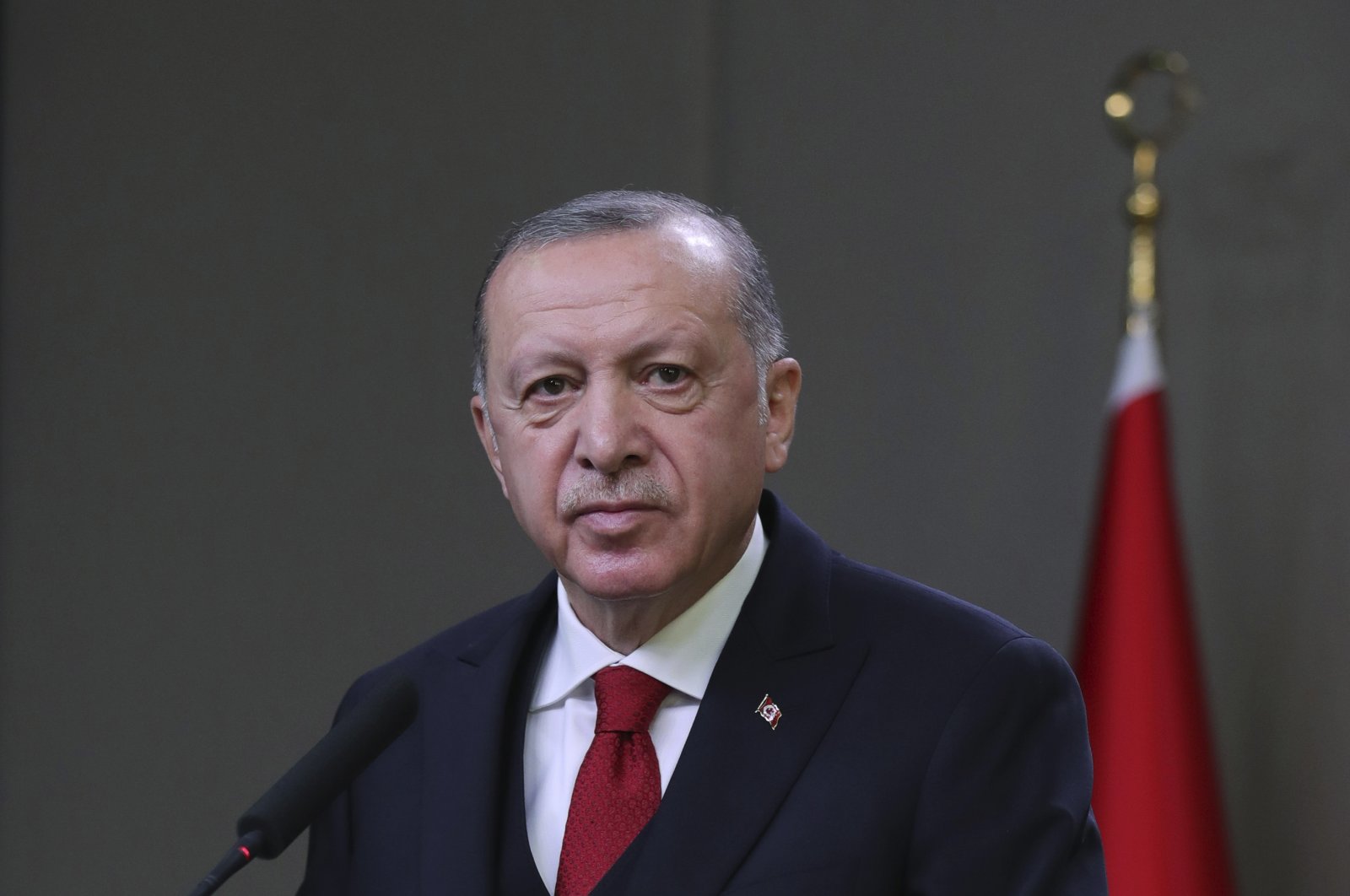 President Recep Tayyip Erdoğan speaks to reporters before departing for a visit to Azerbaijan, in Ankara, Turkey, Dec. 9, 2020. 