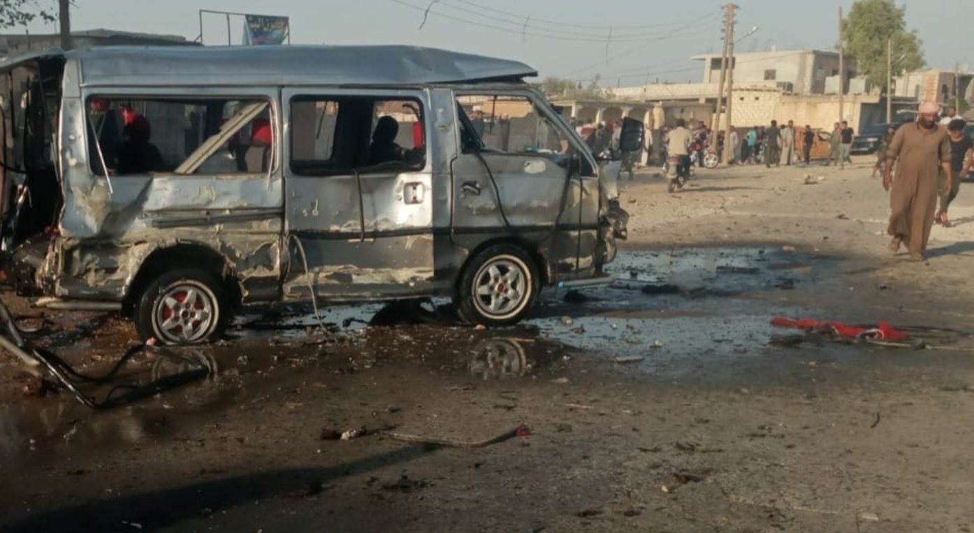 This file photo shows the site of a vehicle bombing that wounded three civilians in Ras al-Ain, Syria, Sept. 25, 2020. (IHA Photo)