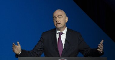 FIFA President Gianni Infantino addresses a meeting of European soccer leaders at the congress of the UEFA governing body in Amsterdam, Netherlands on March 3, 2020. (AP Photo)