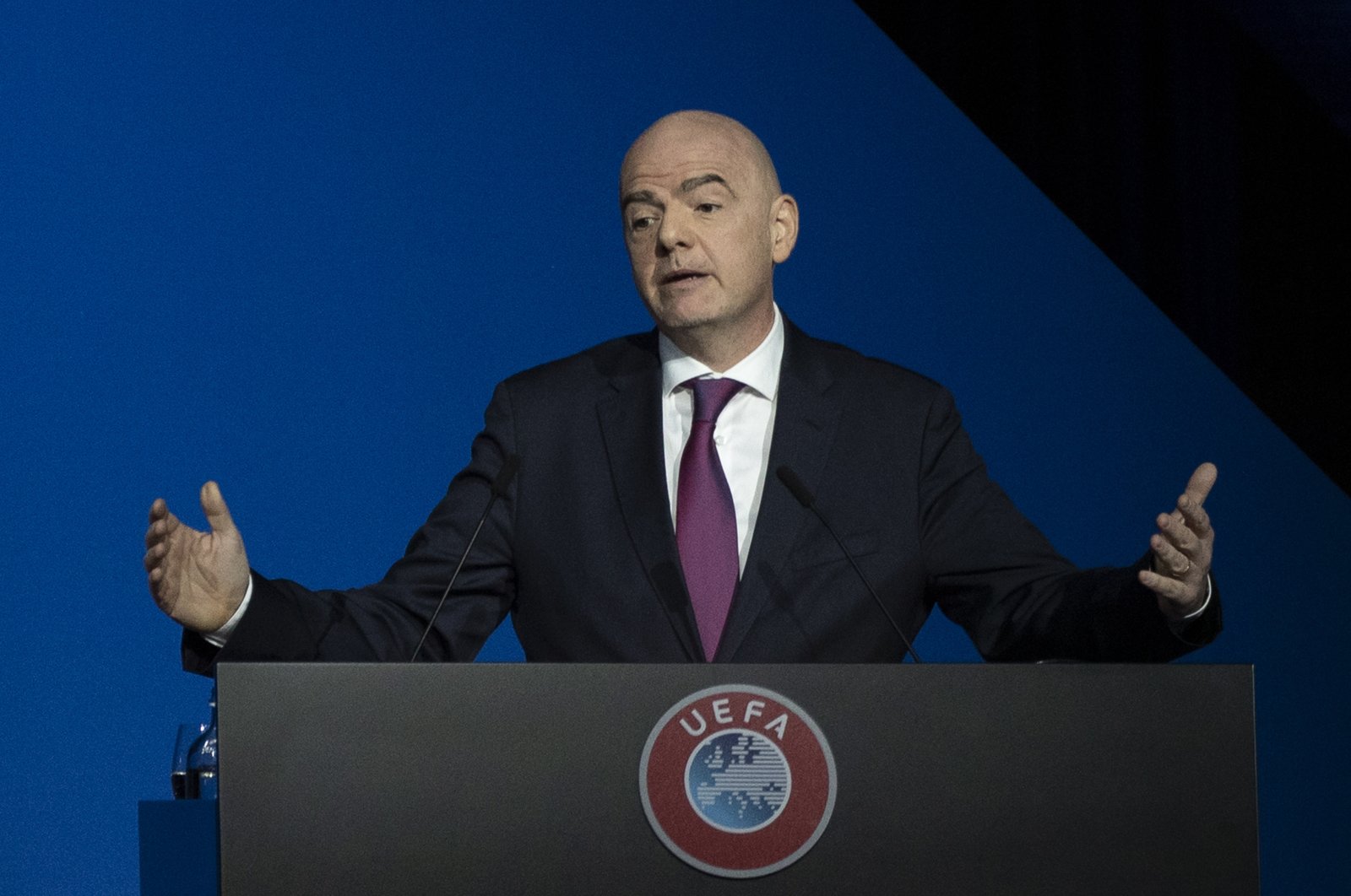 FIFA President Gianni Infantino addresses a meeting of European soccer leaders at the congress of the UEFA governing body in Amsterdam, Netherlands on March 3, 2020. (AP Photo)