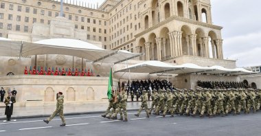 Azerbaijani military marches during a military parade dedicated to the victory in the recent Nagorno-Karabakh conflict, with the presence of visiting Turkish President Recep Tayyip Erdoğan, in Baku, Azerbaijan, Dec. 10, 2020. (EPA Photo)