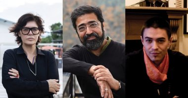 The curators of the 2021 Istanbul Biennial, Ute Meta Bauer, Amar Kanwar and David Teh, are seen from left to right in this photo collage.
