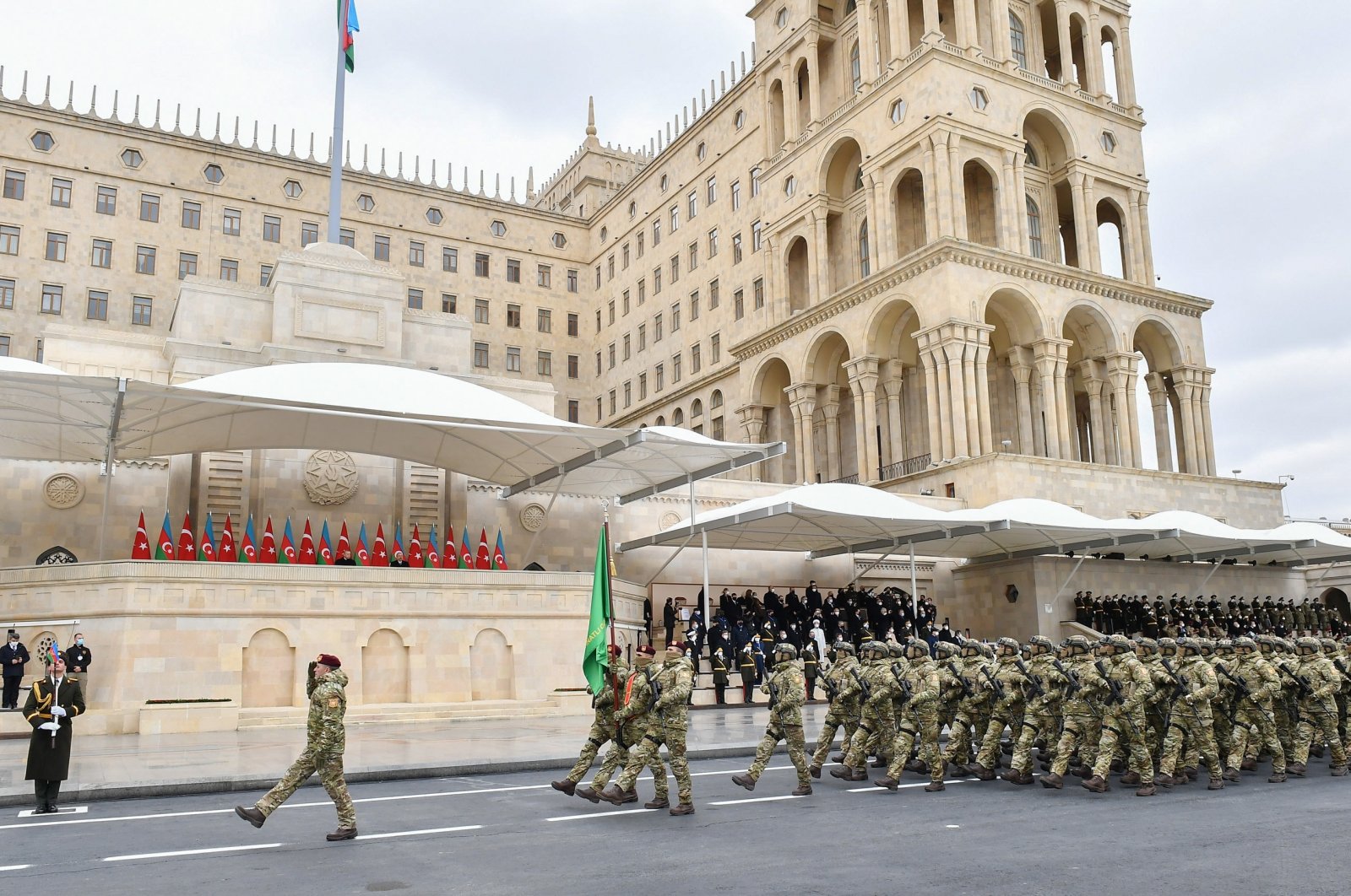 Azerbaijani military marches during a military parade dedicated to the victory in the recent Nagorno-Karabakh conflict, with the presence of visiting Turkish President Recep Tayyip Erdoğan, in Baku, Azerbaijan, Dec. 10, 2020. (EPA Photo)