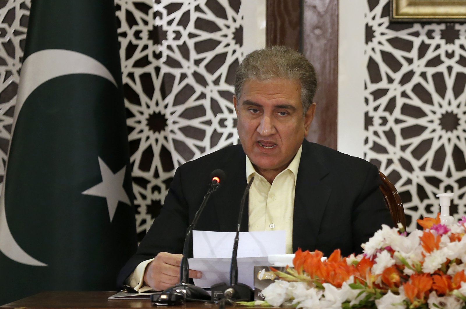 Pakistan's Foreign Minister Shah Mahmood Qureshi briefs media during a press conference, in Islamabad, Pakistan on Nov. 14, 2020. (AP Photo)