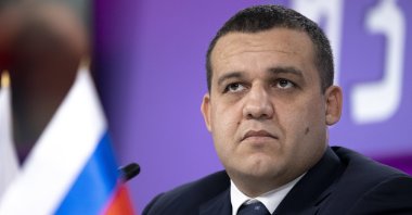 Umar Kremlev listens to a question during a news conference in Moscow, Russia, Oct. 27, 2020. (AP Photo)