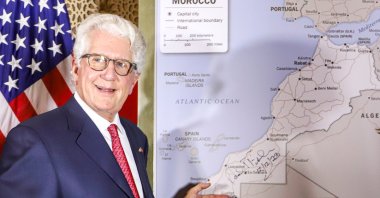 David T. Fischer, U.S. ambassador to the Kingdom of Morocco, stands in front of a U.S. State Department-authorized map of Morocco recognizing the internationally disputed territory Western Sahara as a part of the North African kingdom, in the capital Rabat, Morocco, Dec. 12, 2020. (AFP Photo)
