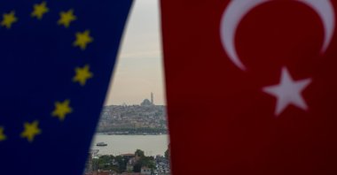 The flags of Turkey and the European Union seen together in Istanbul, Turkey, May 5, 2017. (Photo by Getty Images)
