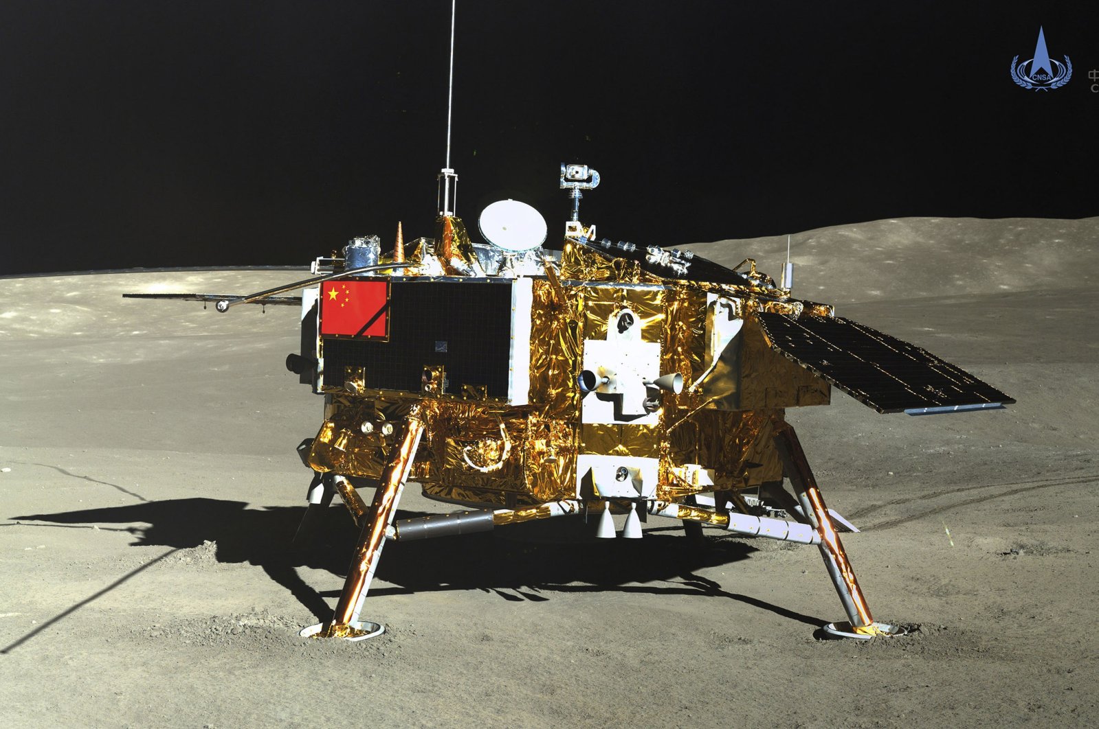 The lunar lander of the Chang'e-4 probe is seen in a photo taken by the rover Yutu-2 on Jan. 11, 2019. (AP Photo)
