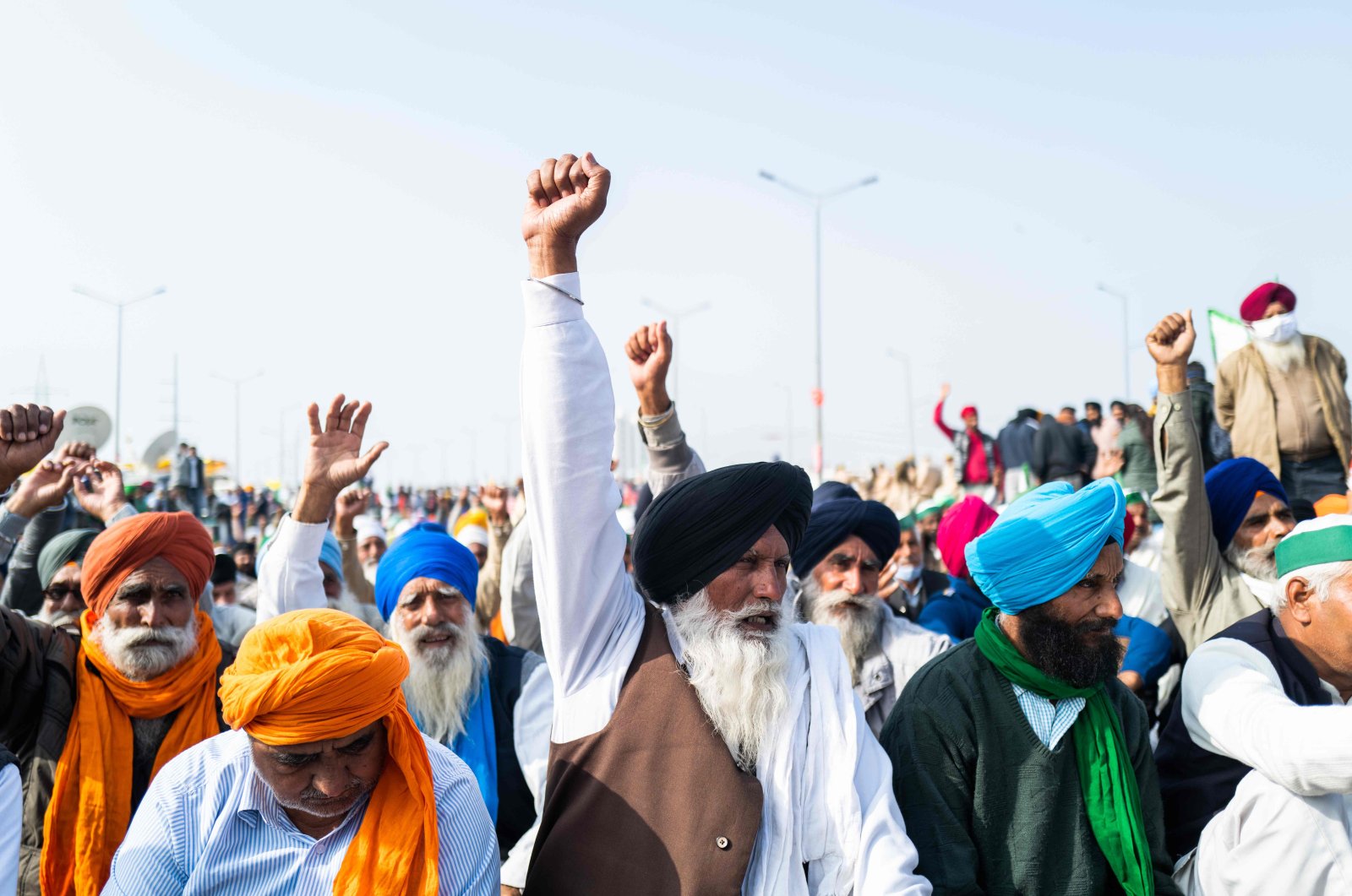 Farmers shout slogans during a demonstration blocking a highway to protest against the recent agricultural reforms at the Delhi-Uttar Pradesh state border in Ghazipur, India, Dec. 14, 2020. (AFP Photo)