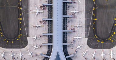 Drone footage provided on Dec. 15, 2020  shows planes parked at Istanbul Airport, Istanbul, Turkey. (Courtesy of IGA)