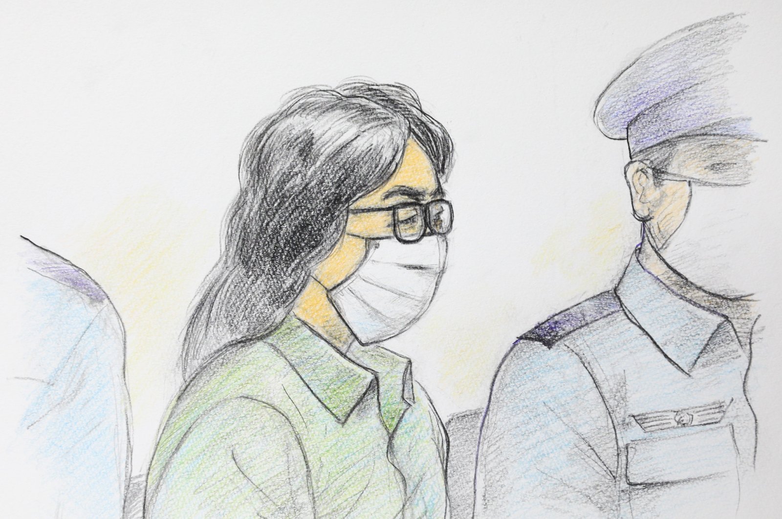 This court sketch by Masato Yamashita shows the "Twitter killer," Takahiro Shiraishi (L), at the first trial at Tokyo District Court Tachikawa Branch in Tachikawa, Tokyo, Sept. 30, 2020. (Photo by Masato Yamashita via AFP)