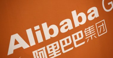 The Alibaba logo is displayed during the company's IPO at the New York Stock Exchange, New York City, New York, U.S., Sept. 19, 2014. (AP Photo)