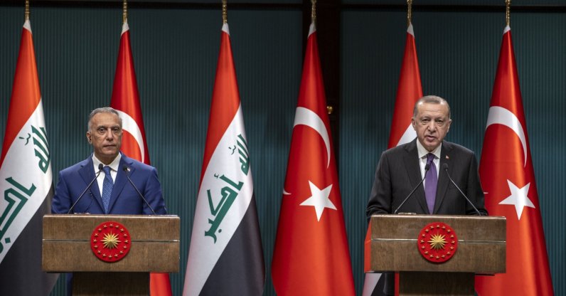 President Recep Tayyip Erdoğan (R) and Iraqi Prime Minister Mustafa al-Kadhimi speak during a joint news conference in the capital Ankara, Turkey, Dec. 17, 2020. (AA Photo)