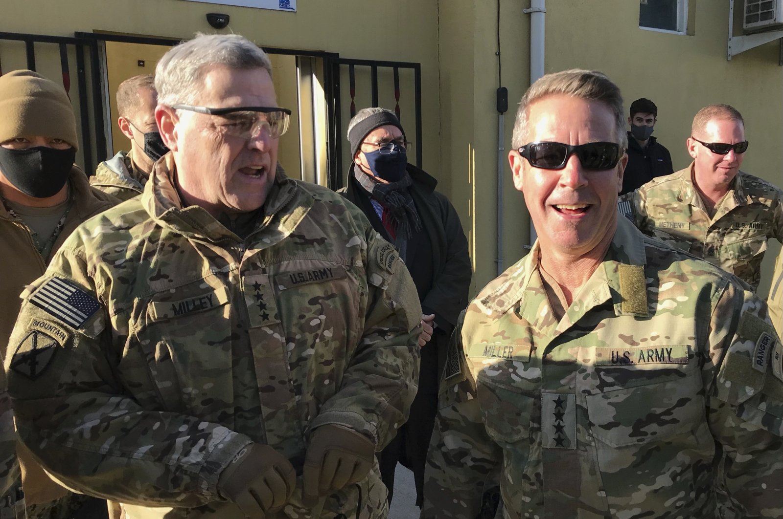 Chairperson of the U.S. Joint Chiefs of Staff Gen. Mark Milley (L) speaks to Gen. Scott Miller, the commander of U.S. and coalition forces in Afghanistan, at Miller’s military headquarters in Kabul, Afghanistan, Dec. 16, 2020. (AP Photo)