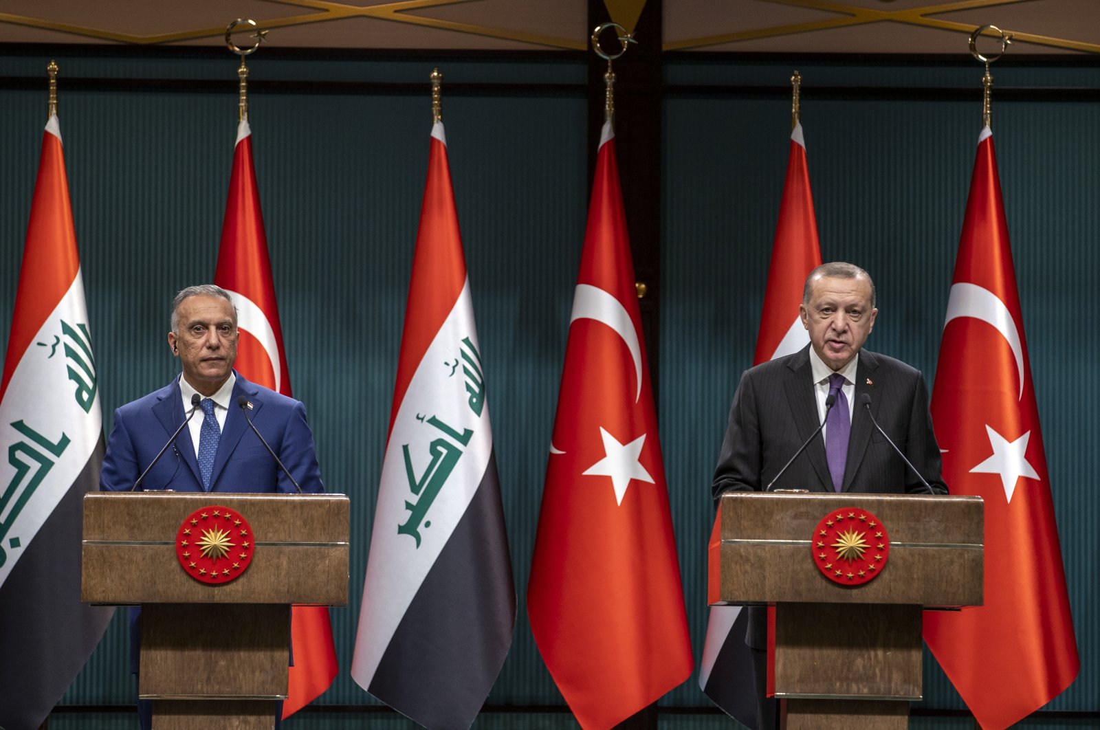 President Recep Tayyip Erdoğan (R) and Iraqi Prime Minister Mustafa al-Kadhimi speak during a joint news conference in the capital Ankara, Turkey, Dec. 17, 2020. (AA Photo)