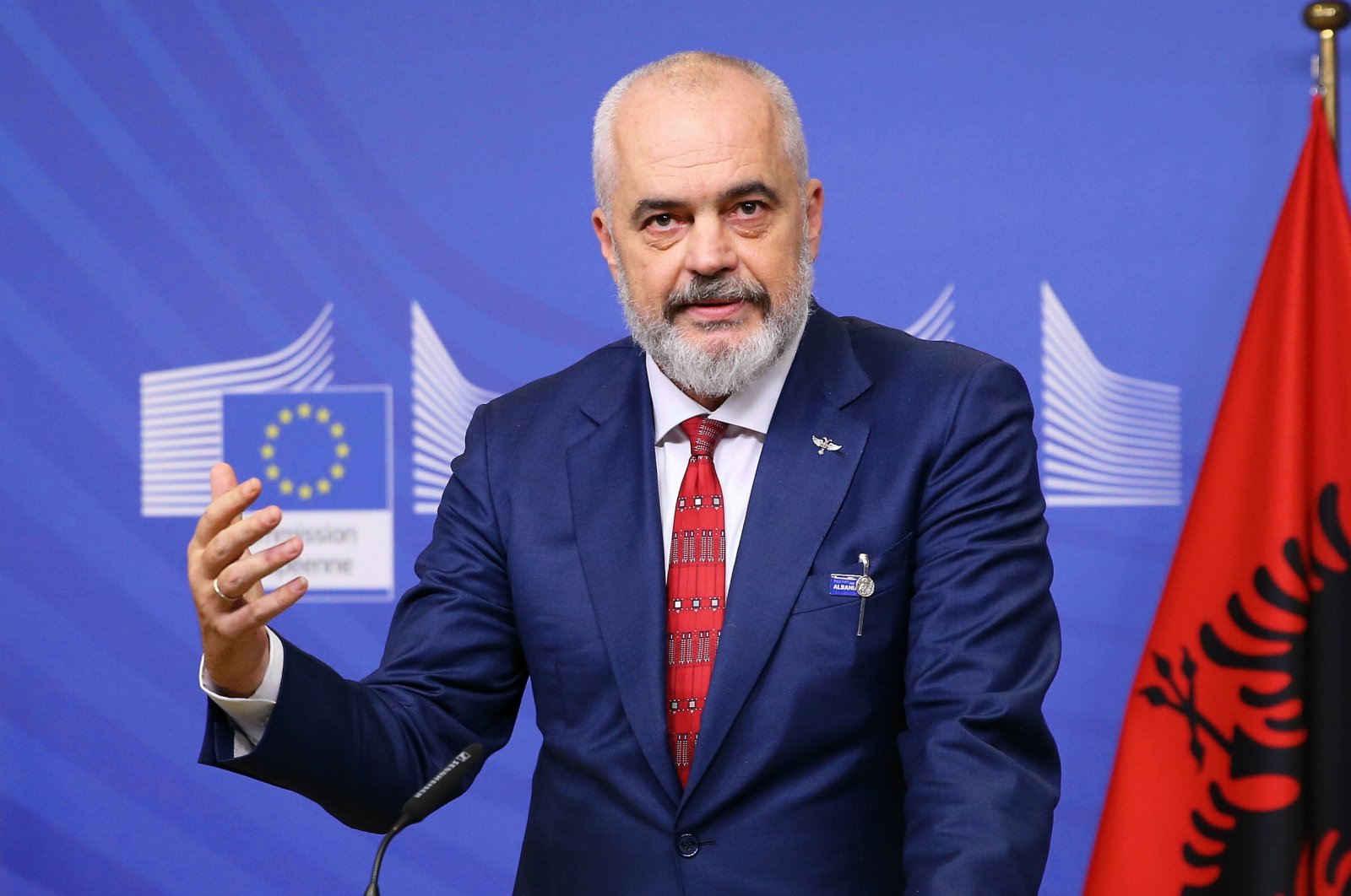 Albanian Prime Minister Edi Rama speaks during a joint press conference with the president of the European Commission in Brussels, Belgium, Feb. 19, 2020. (AA)