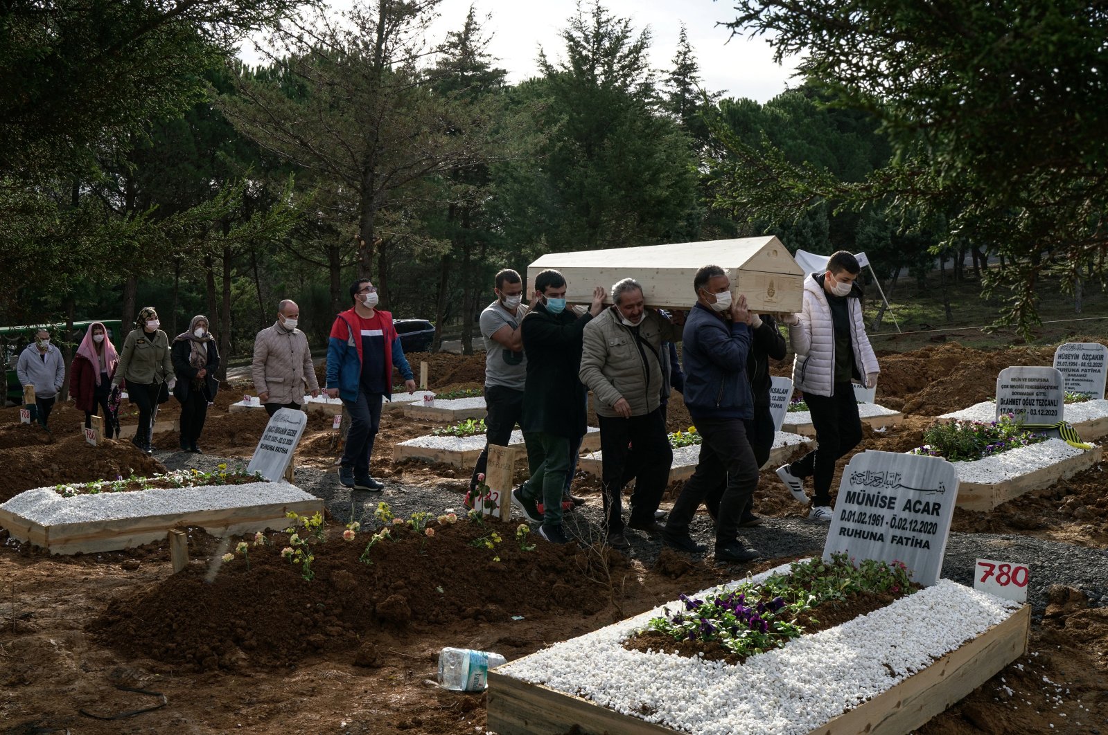 People carry the coffin of a relative at Kilyos cemetery in Istanbul, Turkey, Dec. 10, 2020. (Reuters Photo)