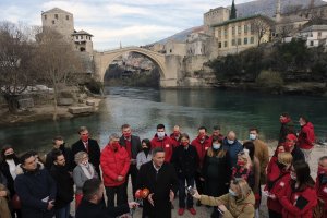 Denis Becirevic, (C), candidate for the Social Democratic Party (SDP) addresses the media in Mostar, Bosnia, Dec. 18, 2020. 

Bosnia's ethnically divided southern city of Mostar is holding its first local election in 12 years. The vote on Sunday ends a political stalemate between two nationalist parties representing ethnic groups that has prevented Mostar’s citizens from democratically electing their local legislators. (AP Photo/Kemal Softic)