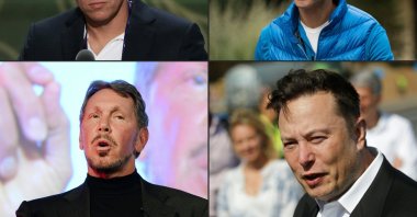 This combination of file pictures created on Dec. 17, 2020, shows, Peter Thiel (top L), co-founder of PayPal, on July 19, 2016, in Cleveland, Ohio; Alex Karp (top R), chief executive officer of Palantir Technologies, on July 14, 2017, in Sun Valley, Idaho; Larry Ellison (bottom L), CEO of Oracle Corporation,  on April 9, 2014, in Tokyo; and Tesla CEO Elon Musk on September 03, 2020, in Gruenheide near Berlin. (AFP Photo)
