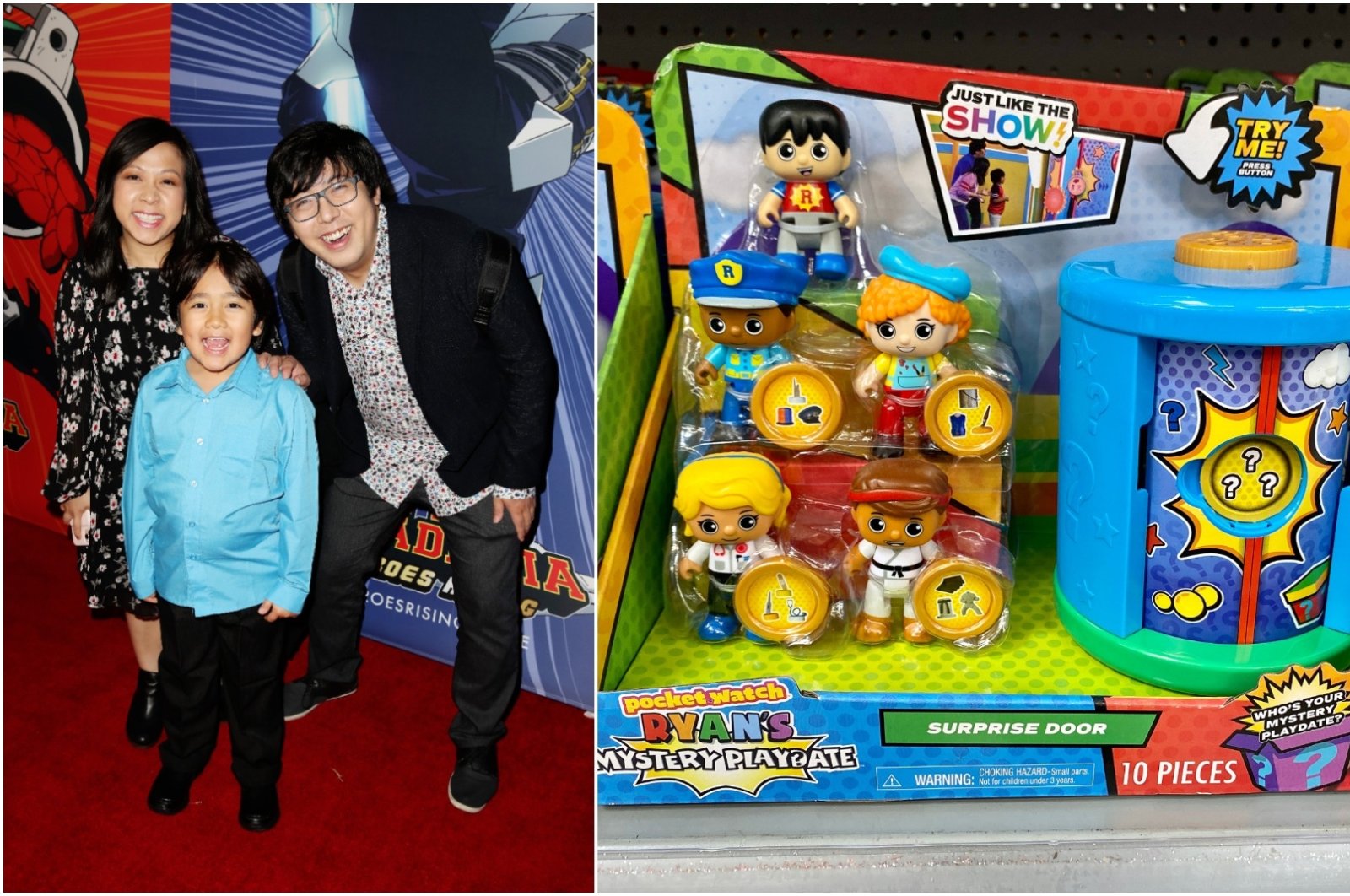 Combination photo shows (L-R) Loann Kaji, Ryan Kaji and Shion Kaji attending "My Hero Academia: Heroes Rising" premiere at Westwood, California on February 19, 2020 and the game Mystery Play date by Pocket Watch featuring Ryan. (Getty Images / Shutterstock)