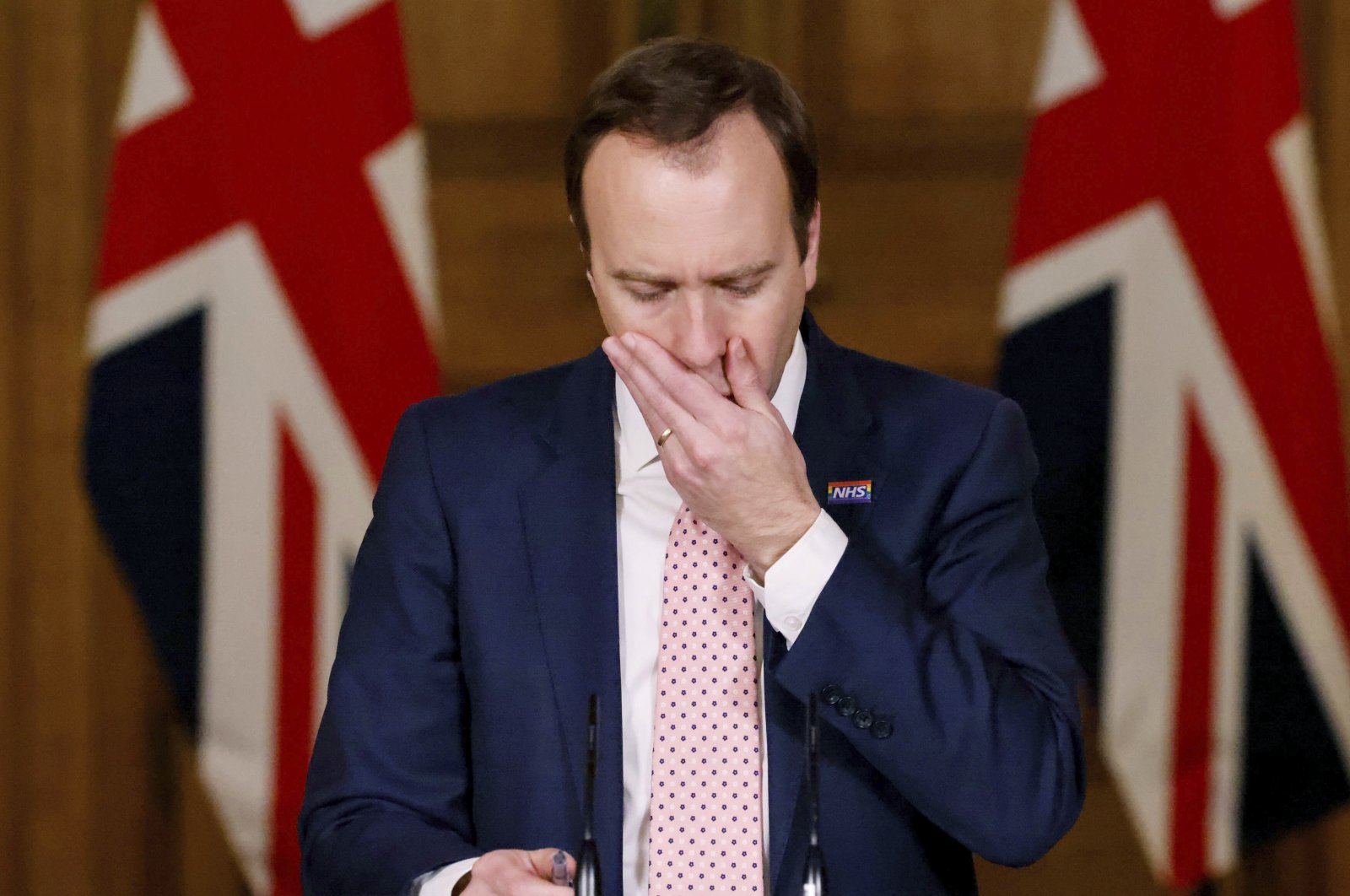 Britain's Health Secretary Matt Hancock gestures, during a coronavirus media briefing, in Downing Street, London, Dec. 14, 2020. (AP Photo)
