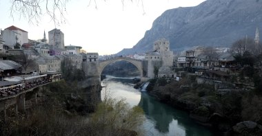 The Old Bridge, or Stari Most, in Mostar, one of Bosnia's best-known landmarks, in Mostar, Bosnia-Herzegovina, Dec. 20, 2020. (AP Photo)