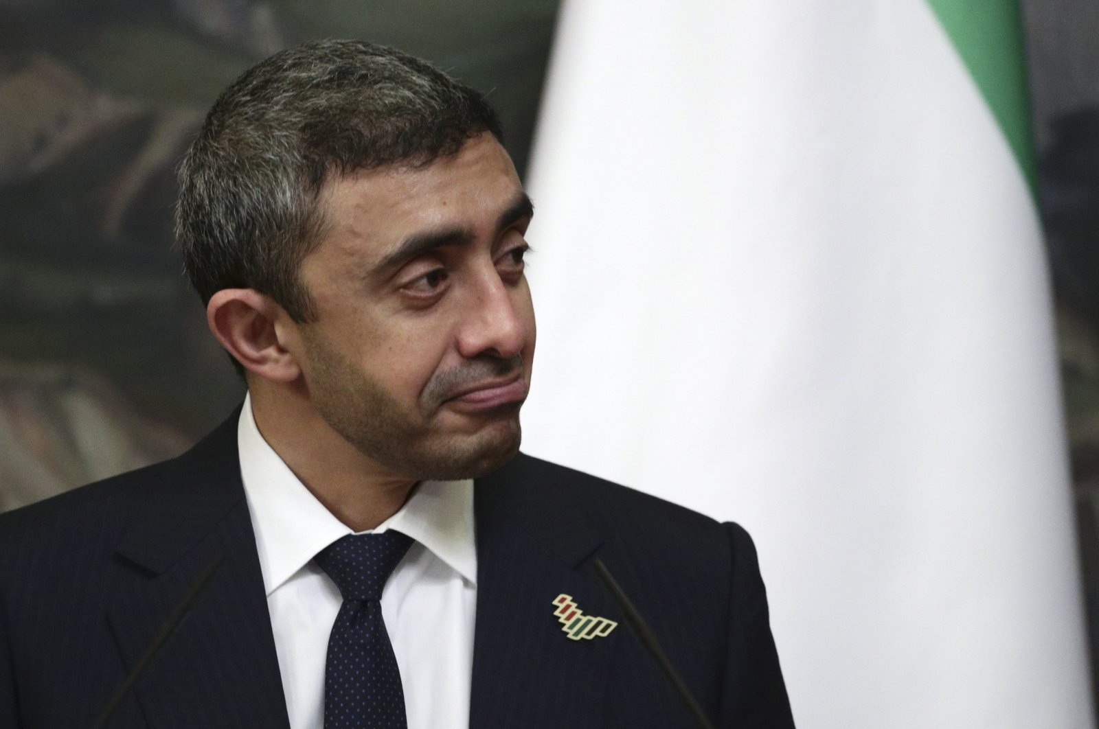 UAE Foreign Minister Abdullah bin Zayed Al-Nahyan attends a joint press conference with his Russian counterpart following their talks in Moscow on Dec. 14, 2020. (AFP Photo)
