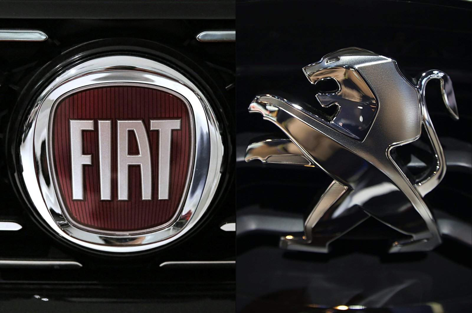 This combination of file pictures shows the logo of Italian automaker Fiat (L) in a car dealership in Saluzzo, near Turin, Italy, Jan. 12, 2017, and the Peugeot logo pictured at the 2014 Paris Auto Show in Paris, France, Oct. 3, 2014. (AFP Photo)