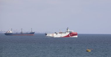 A view of Turkey's research vessel, Oruç Reis, anchored off the coast of Antalya on the Mediterranean, southern Turkey, Sept. 27, 2020. (AP Photo)