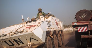 Portuguese special forces of the United Nations Multidimensional Integrated Stabilization Mission in the Central African Republic (MINUSCA) drive on National Road 1 toward clashes between armed groups and the Central African Army supported by Russian private security elements, in Boali, Central African Republic, Dec. 22, 2020. (AFP Photo)