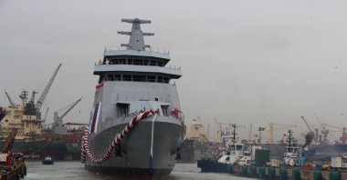The first of the two cadet training ships, the QTS 91, built by Anadolu Shipyard for the Qatar Naval Forces, in Tuzla, Istanbul, Turkey, Oct. 8, 2020. (DHA Photo)