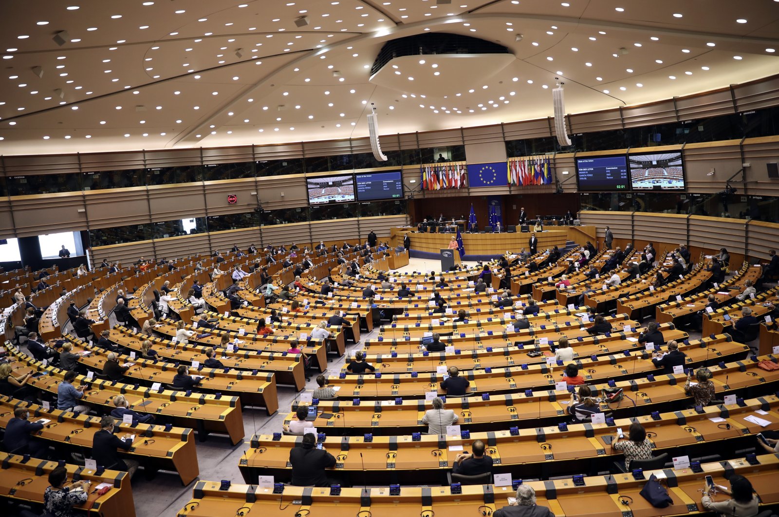European Commission President Ursula von der Leyen addresses the plenary at the European Parliament in Brussels, Belgium, Sept. 16, 2020. (AP Photo)