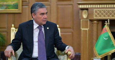 Turkmenistan's President Gurbanguly Berdymukhamedov listens to Russian President Vladimir Putin during their talks on the sideline of the Summit of leaders from the Commonwealth of Independent States (CIS) in Ashgabat, Turkmenistan, Oct. 11, 2019. (Kremlin Pool Photo via AP)
