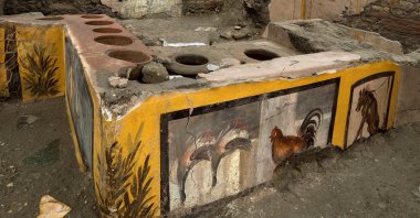 Frescoes on an ancient counter discovered during excavations in Pompeii, Italy, are seen in this handout picture released Dec. 26, 2020. (Pompeii Archaeological Park/Ministry of Cultural Heritage and Activities and Tourism via Reuters)